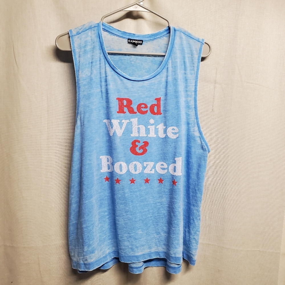 Express Blue Tank Top with Red and White Print